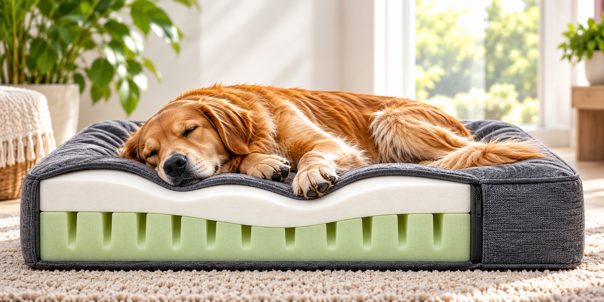 Schlafender Hund auf einem orthopädischen Hundebett mit sichtbarem Memory-Foam-Aufbau
